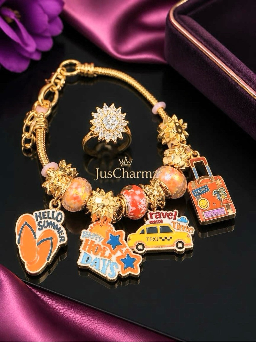 Gold Tone Summer Charm Bracelet with Orange Beads